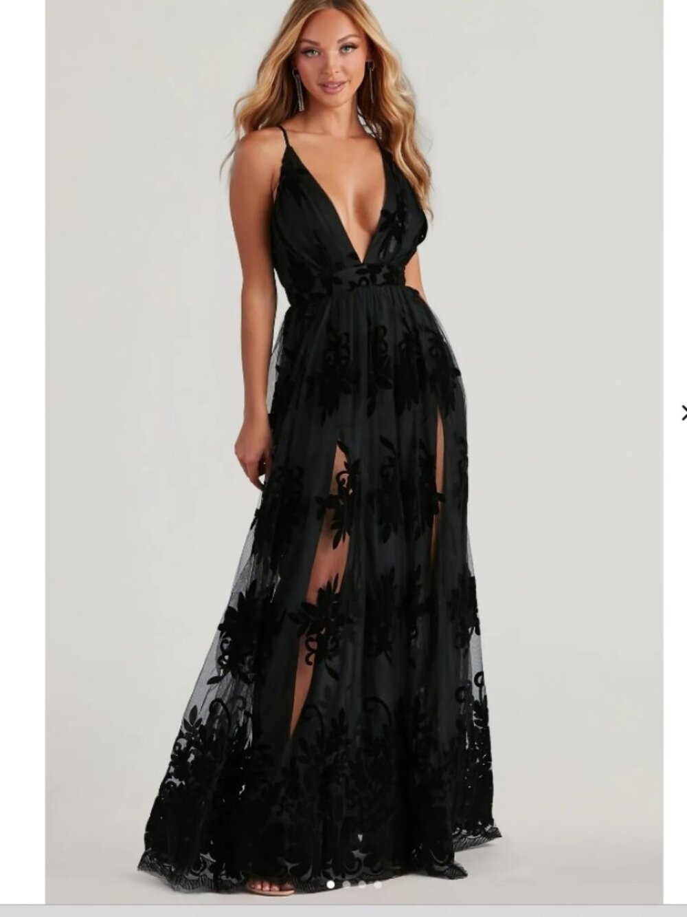 Windsor Black Sheer Floral Velvet Appliqué Backless Gown